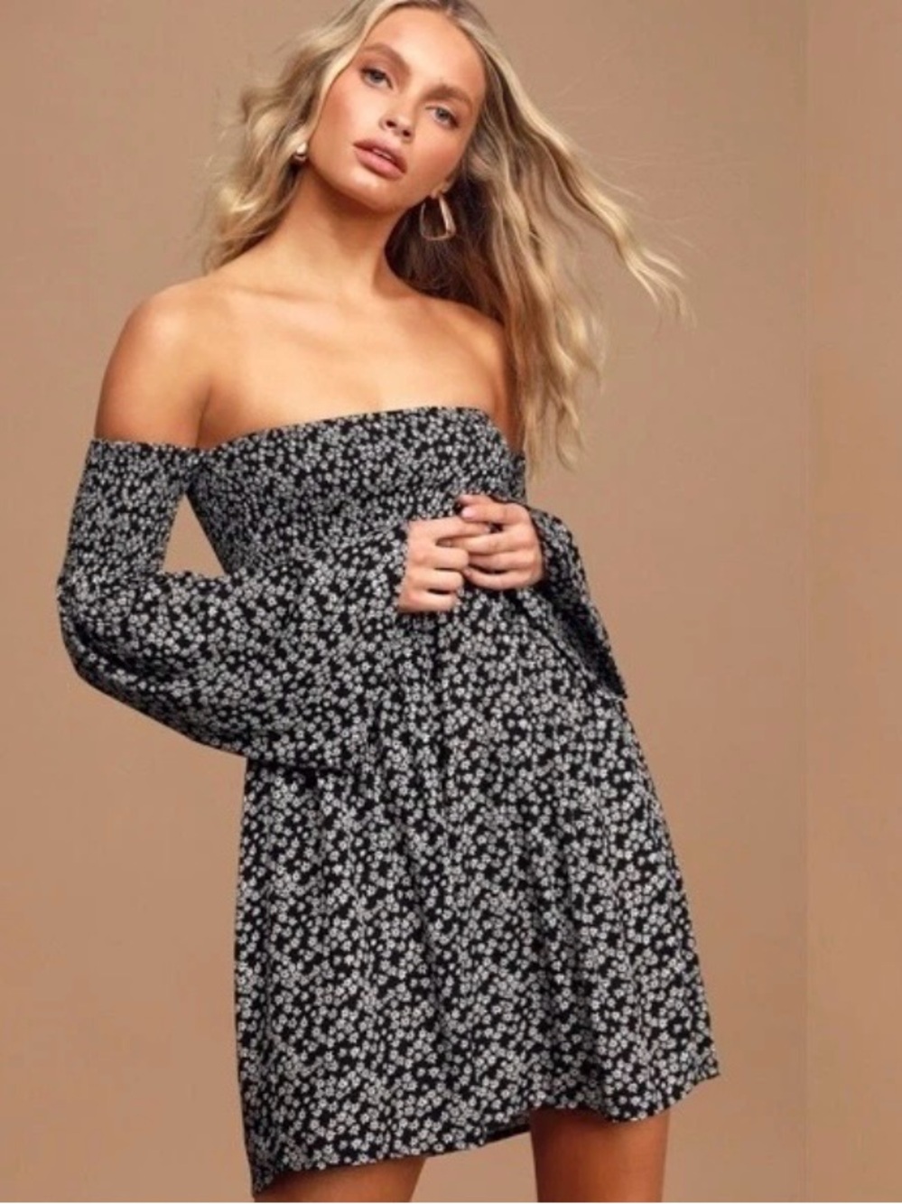 Lulus Picking Daisies Flower Print Off-the-Shoulder Mini Black Dress